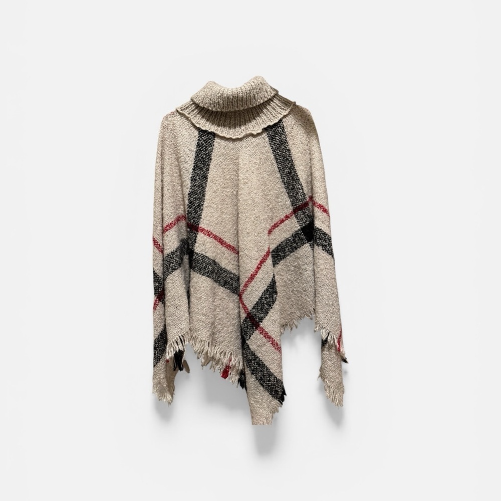 Cozy Plaid Turtleneck Poncho - Cream, Black, Red